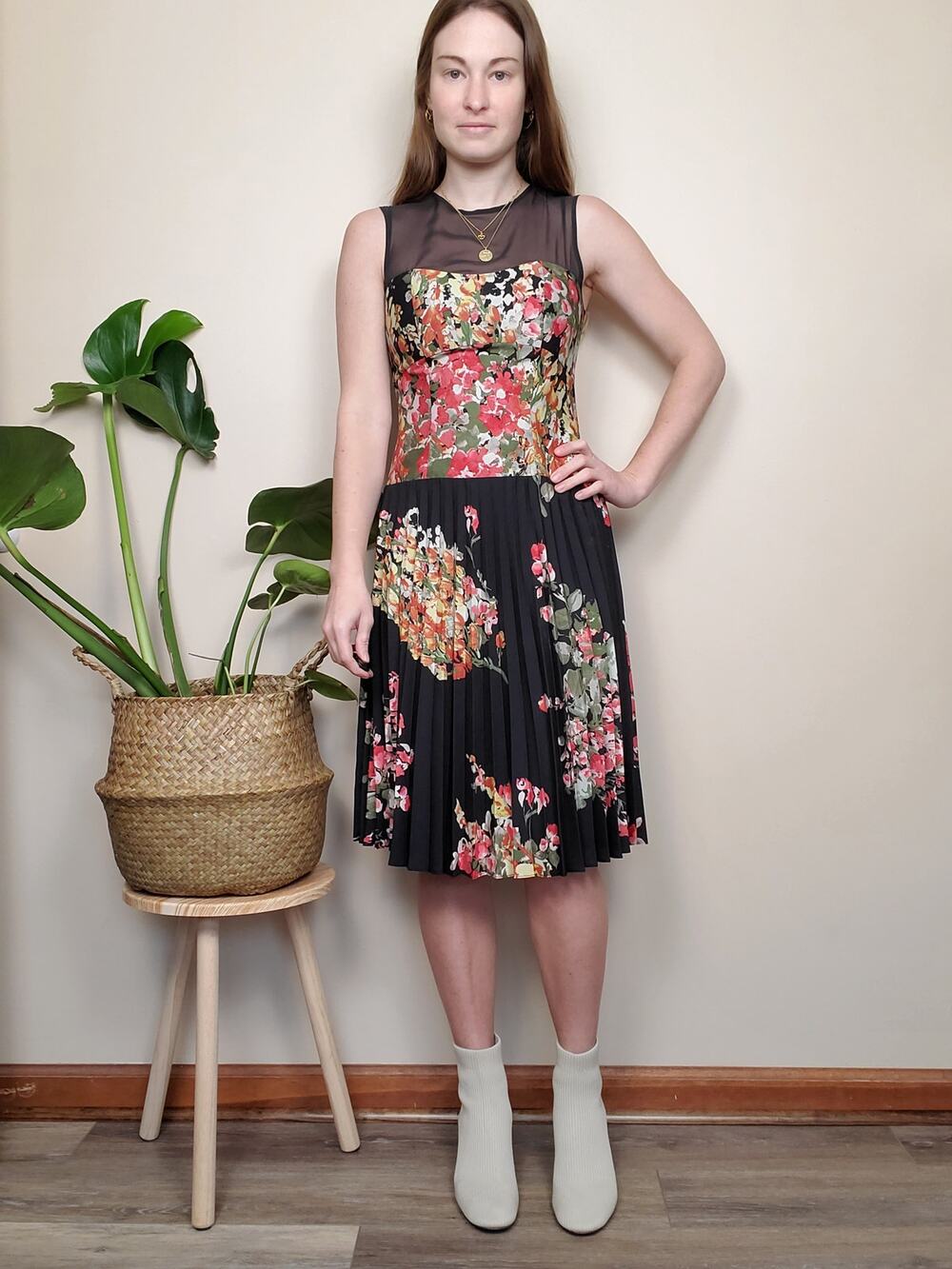 Tristan Drop Waist Pleated Dress Black Pink Floral 1